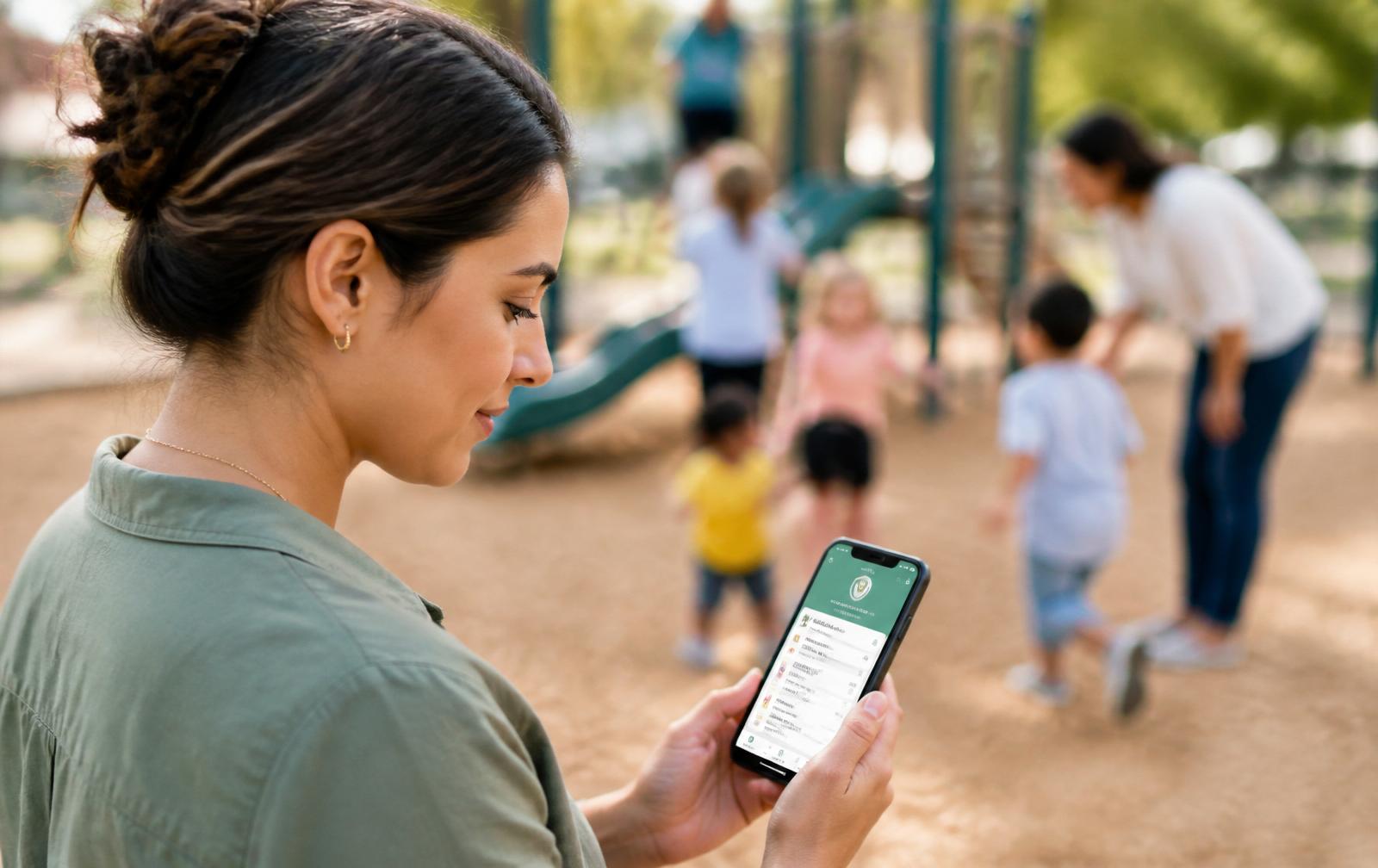 A parent supervisor checks SageAware on her phone while children play on a nearby playground